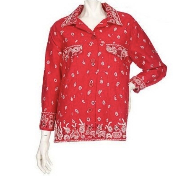 Quacker Factory QVC red bandana western Cowgirl embellished Jean jacket sz M - Picture 2 of 9